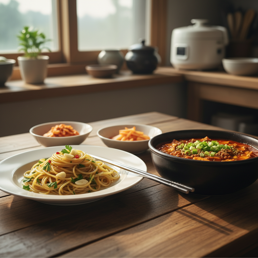 알리오 올리오 다음으로 곁들이기 좋은 음식과 함께 놓은 이미지