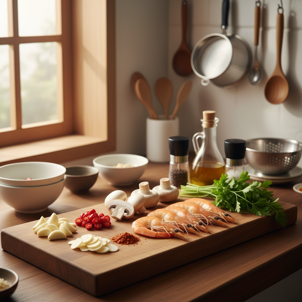 알리오 올리오 도마 위에 채소와 부재료를 정리한 이미지