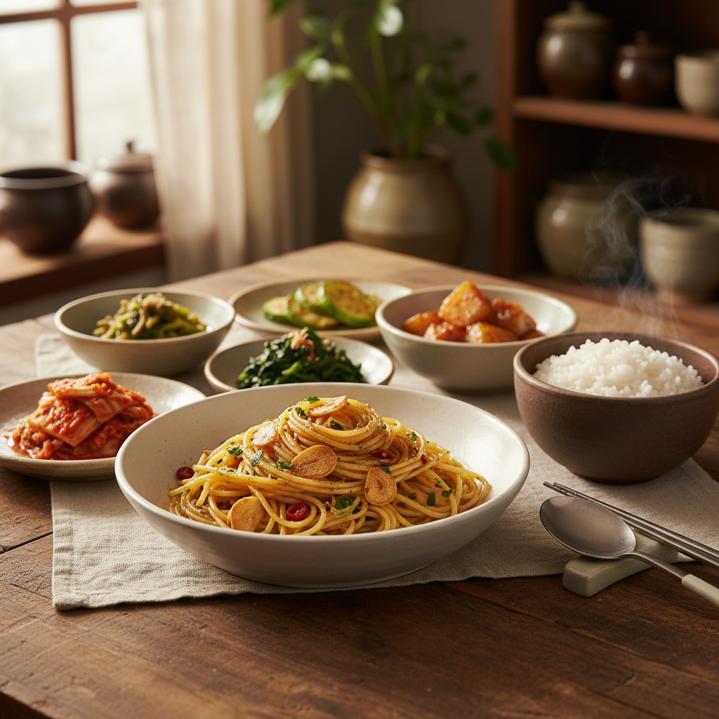 알리오 올리오 완성된 음식과 반찬을 함께 차린 이미지