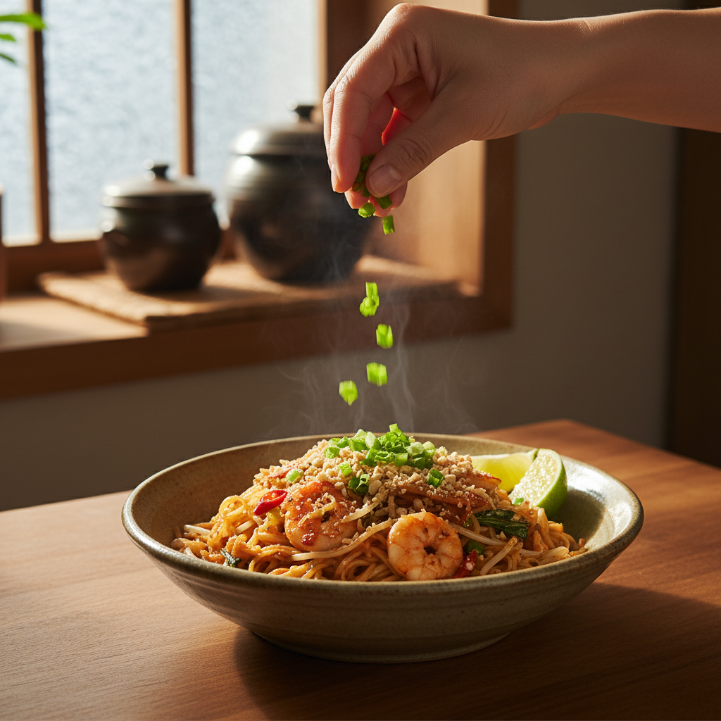 팟타이 대파나 마지막 재료를 넣는 이미지