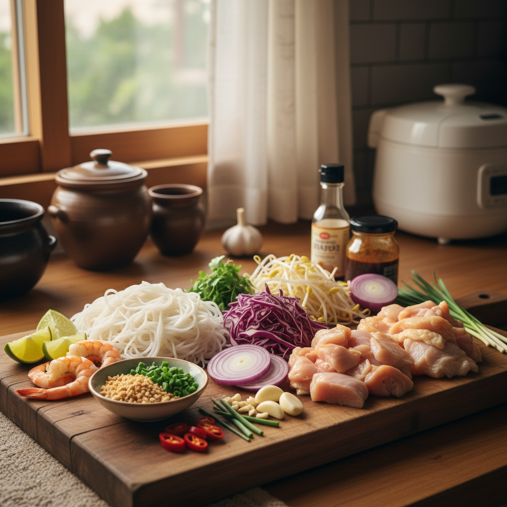 팟타이 주재료를 손질 크기에 맞춰 정리한 이미지