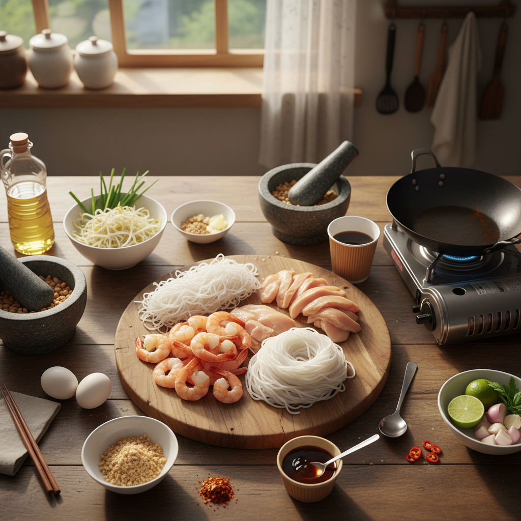 팟타이 재료를 종이컵과 밥숟가락 기준으로 준비한 이미지