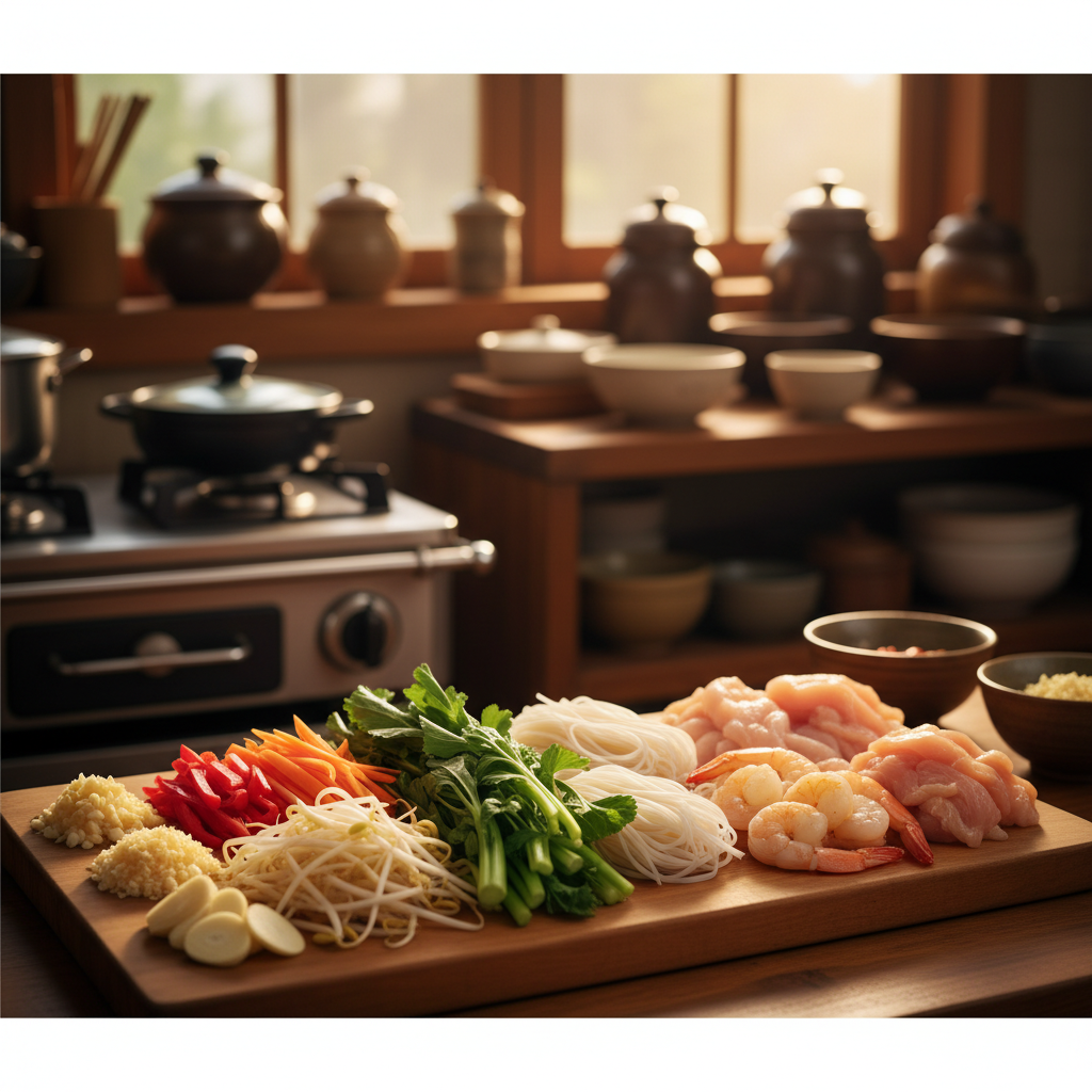 팟타이 도마 위에 채소와 부재료를 정리한 이미지