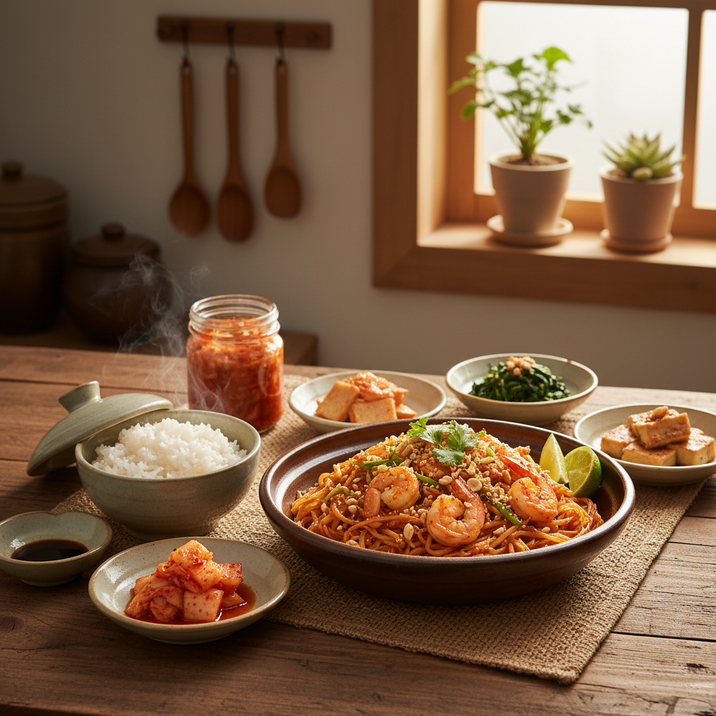 팟타이 완성된 음식과 반찬을 함께 차린 이미지