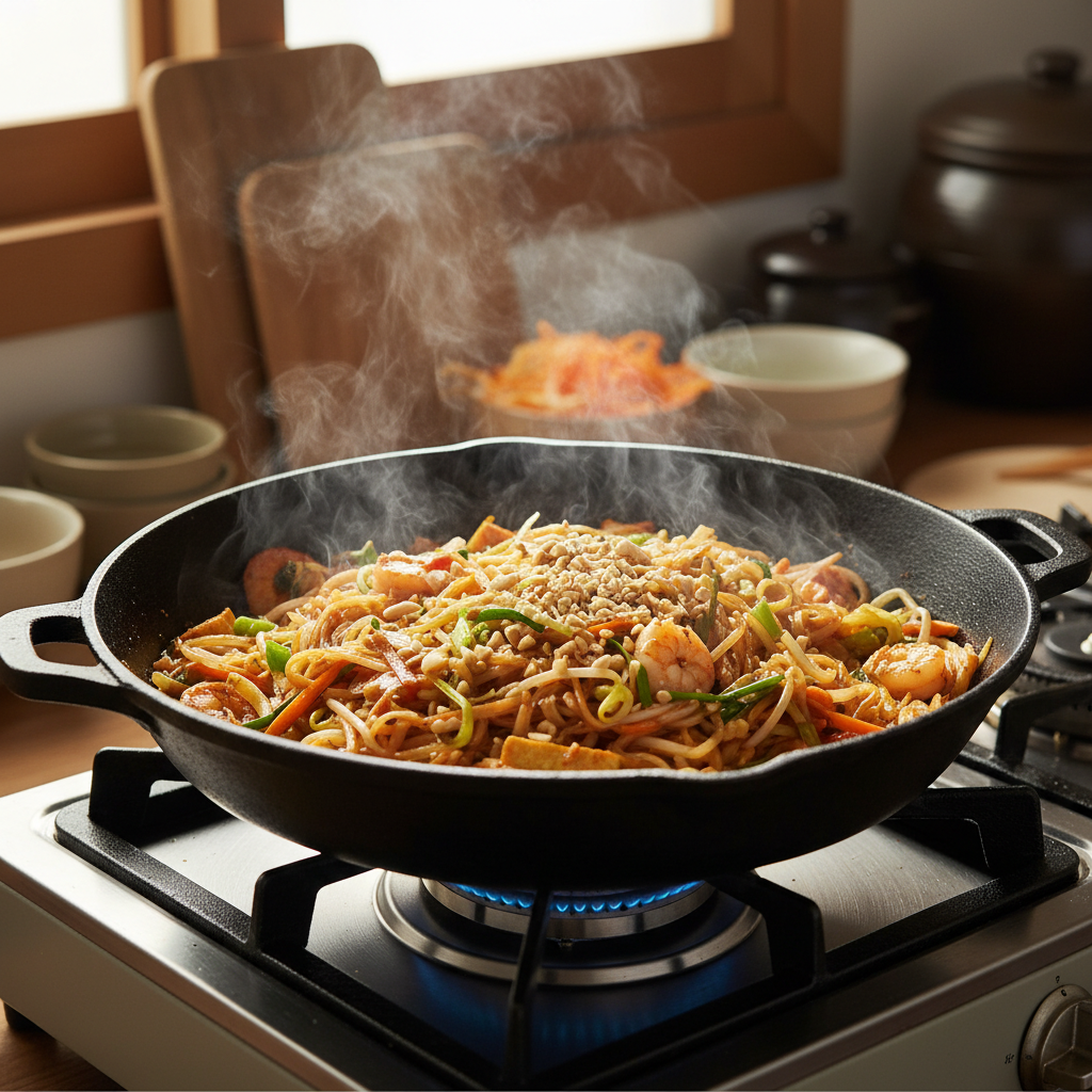 팟타이 중간 불에서 익어가는 이미지