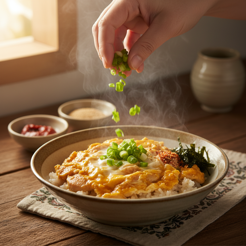 오야코동 대파나 마지막 재료를 넣는 이미지