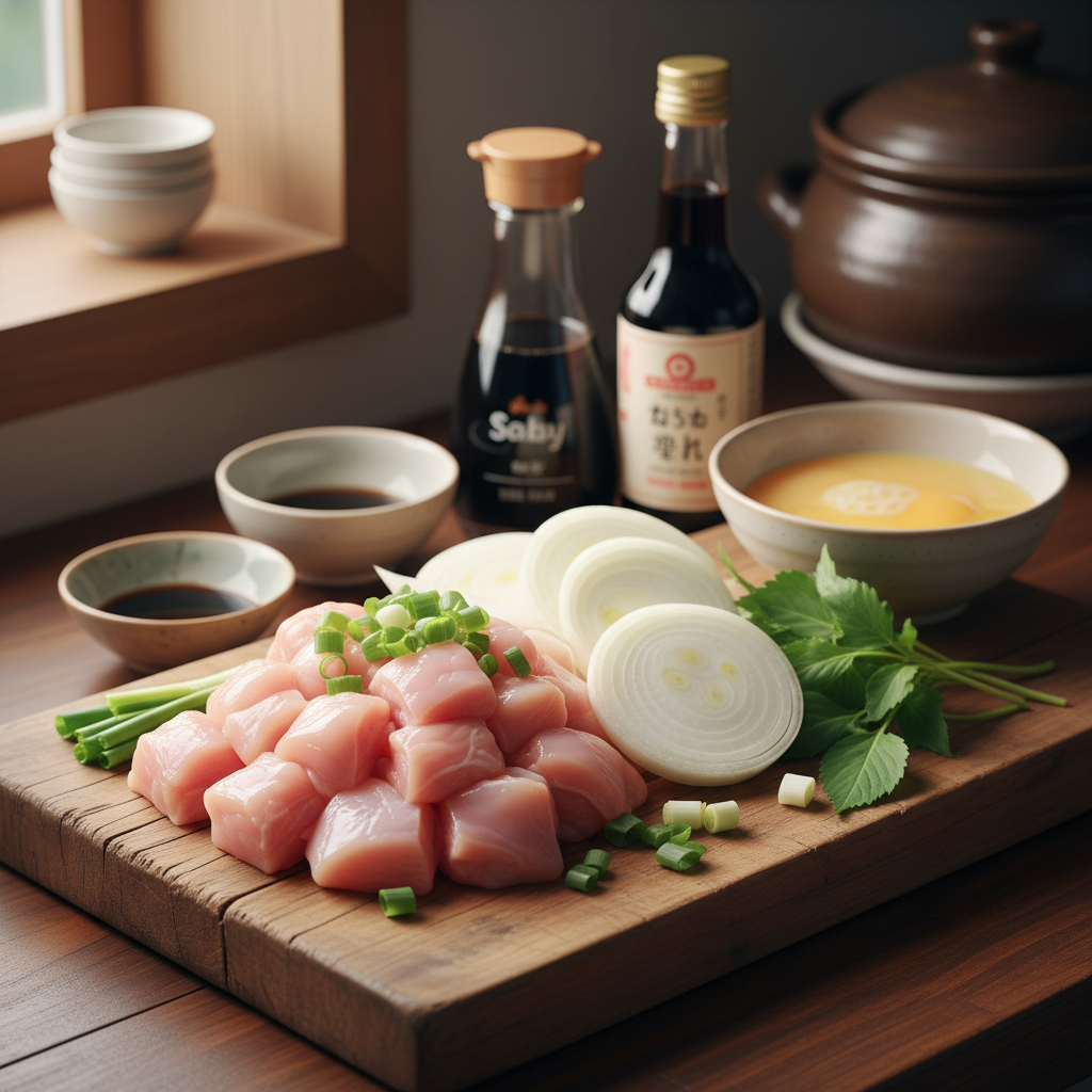 오야코동 주재료를 손질 크기에 맞춰 정리한 이미지