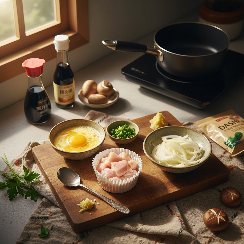 오야코동 재료를 종이컵과 밥숟가락 기준으로 준비한 이미지