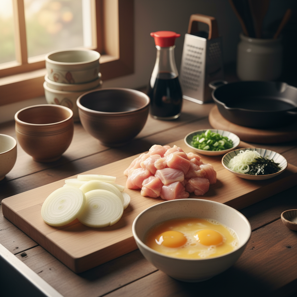 오야코동 도마 위에 채소와 부재료를 정리한 이미지