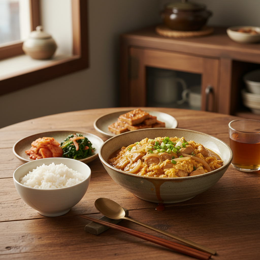 오야코동 완성된 음식과 반찬을 함께 차린 이미지