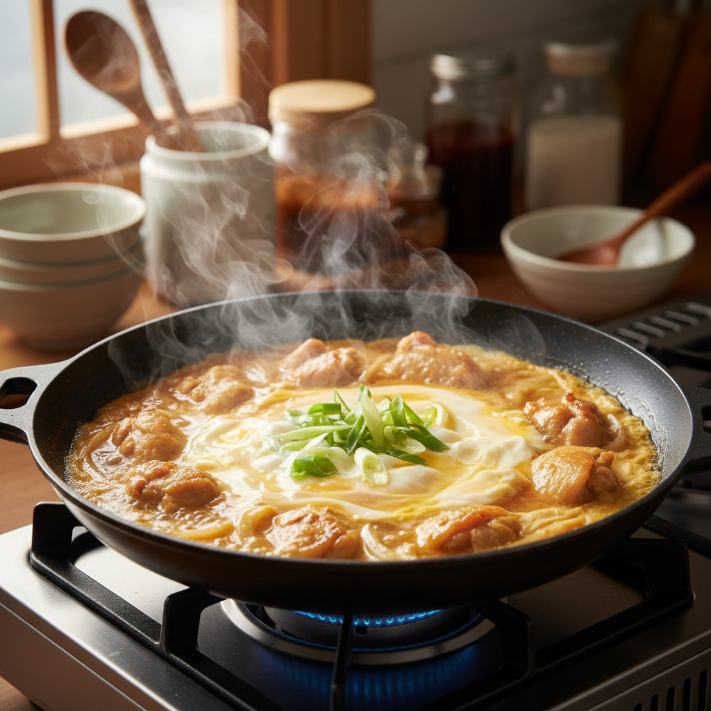 오야코동 중간 불에서 익어가는 이미지