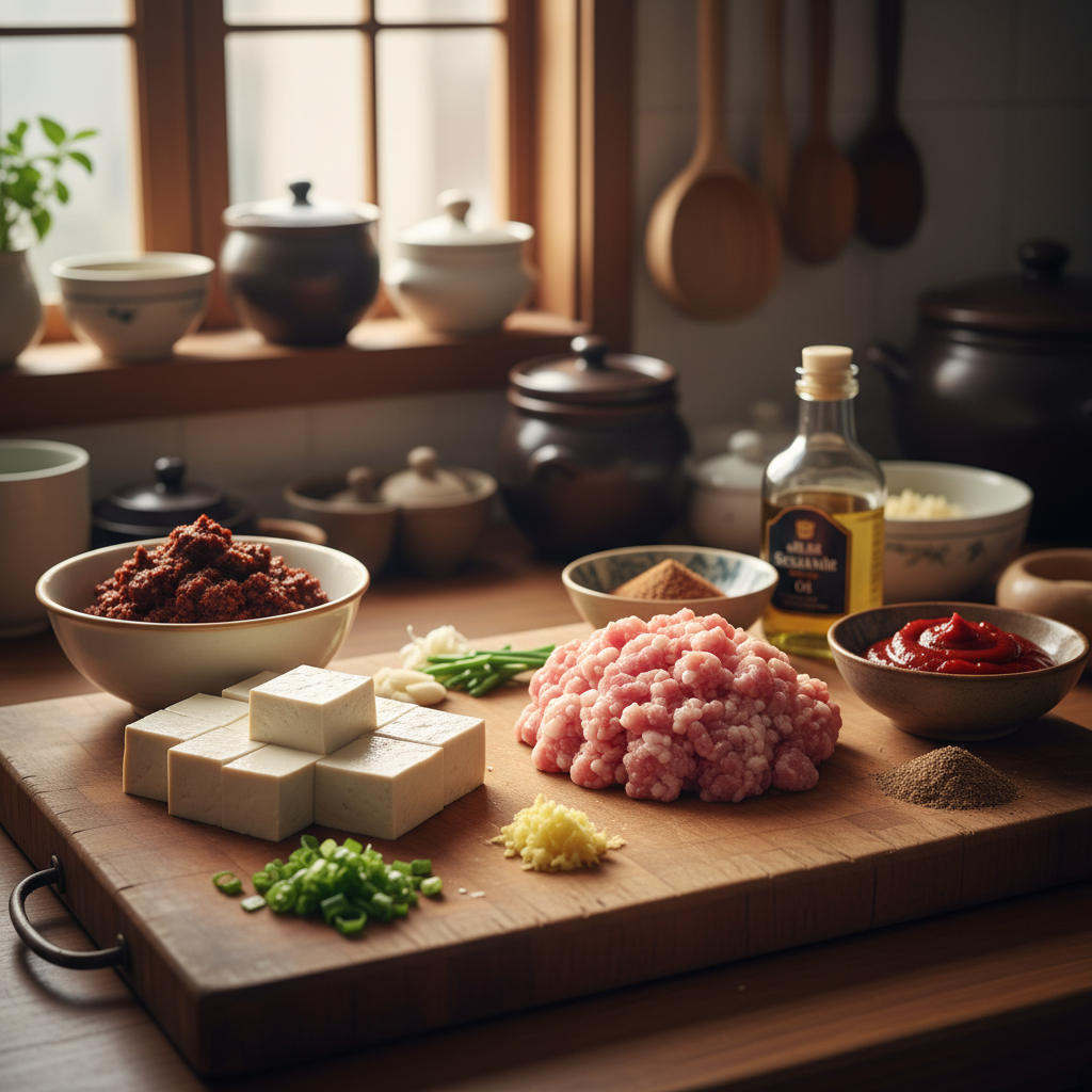 마파두부 주재료를 손질 크기에 맞춰 정리한 이미지