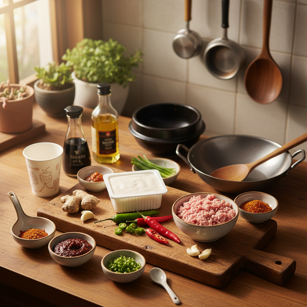 마파두부 재료를 종이컵과 밥숟가락 기준으로 준비한 이미지