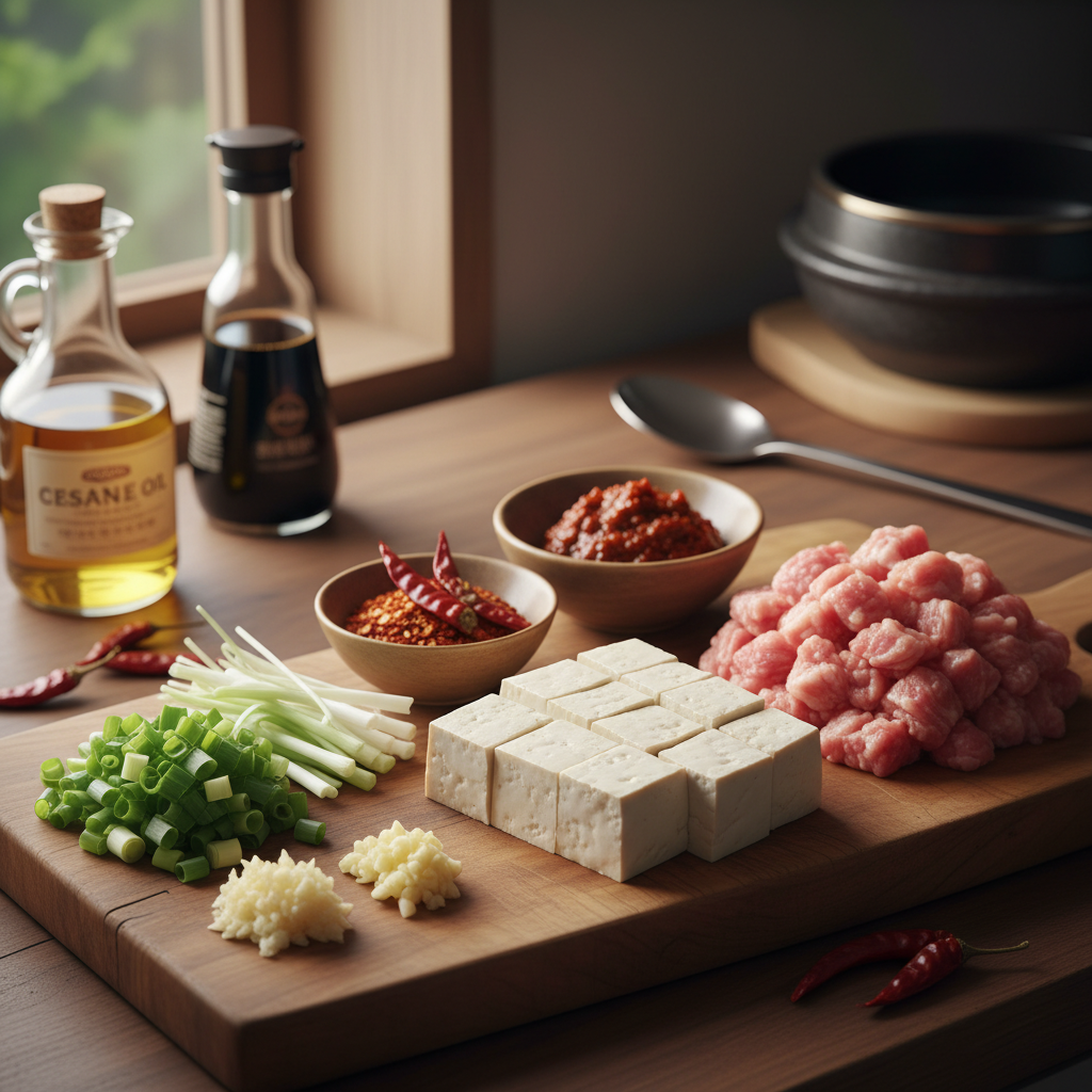 마파두부 도마 위에 채소와 부재료를 정리한 이미지