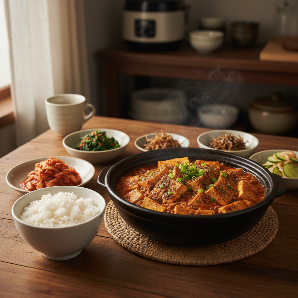 마파두부 완성된 음식과 반찬을 함께 차린 이미지