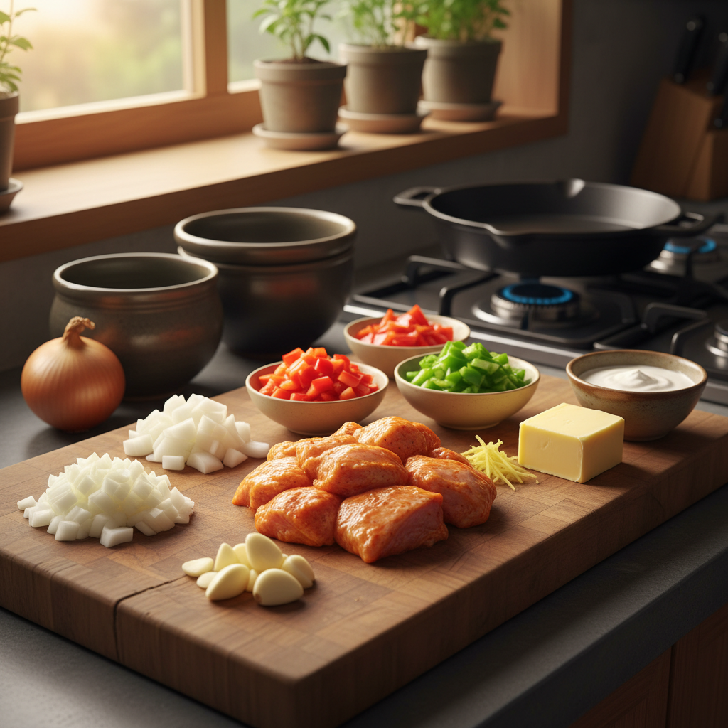 버터치킨 도마 위에 채소와 부재료를 정리한 이미지