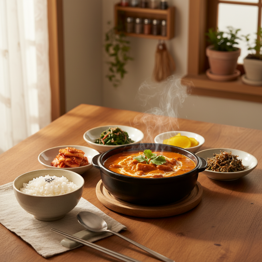 버터치킨 완성된 음식과 반찬을 함께 차린 이미지