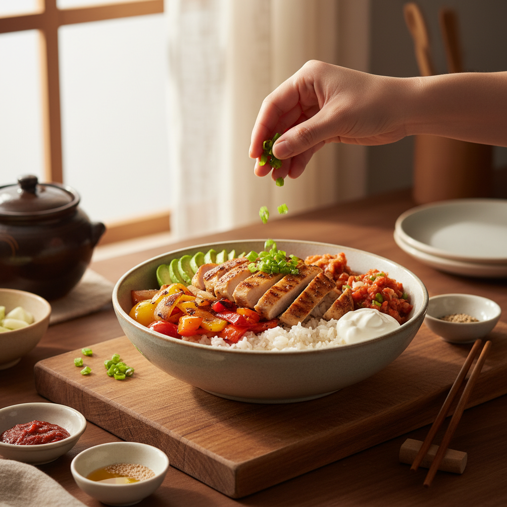 치킨 파히타 라이스볼 대파나 마지막 재료를 넣는 이미지