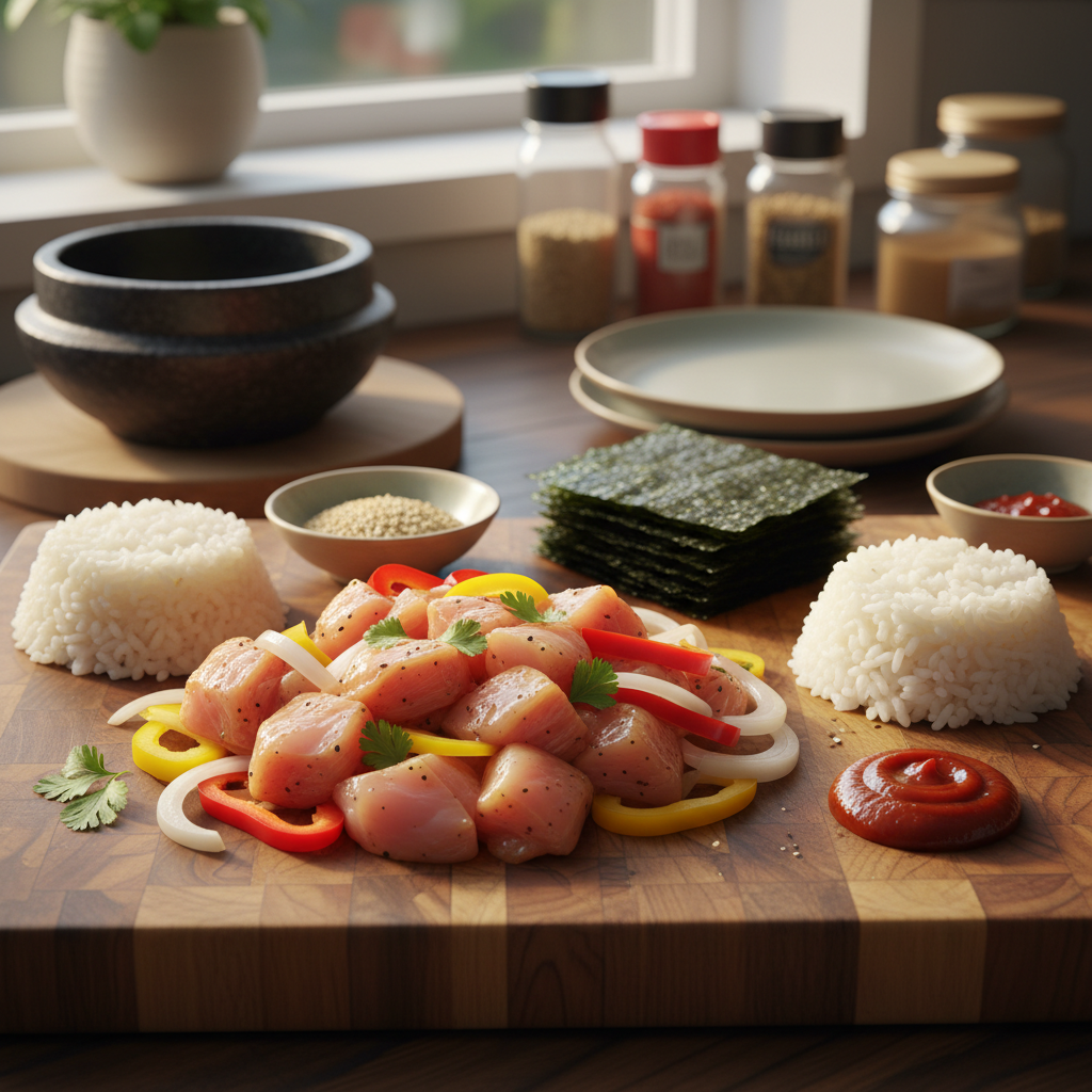 치킨 파히타 라이스볼 주재료를 손질 크기에 맞춰 정리한 이미지