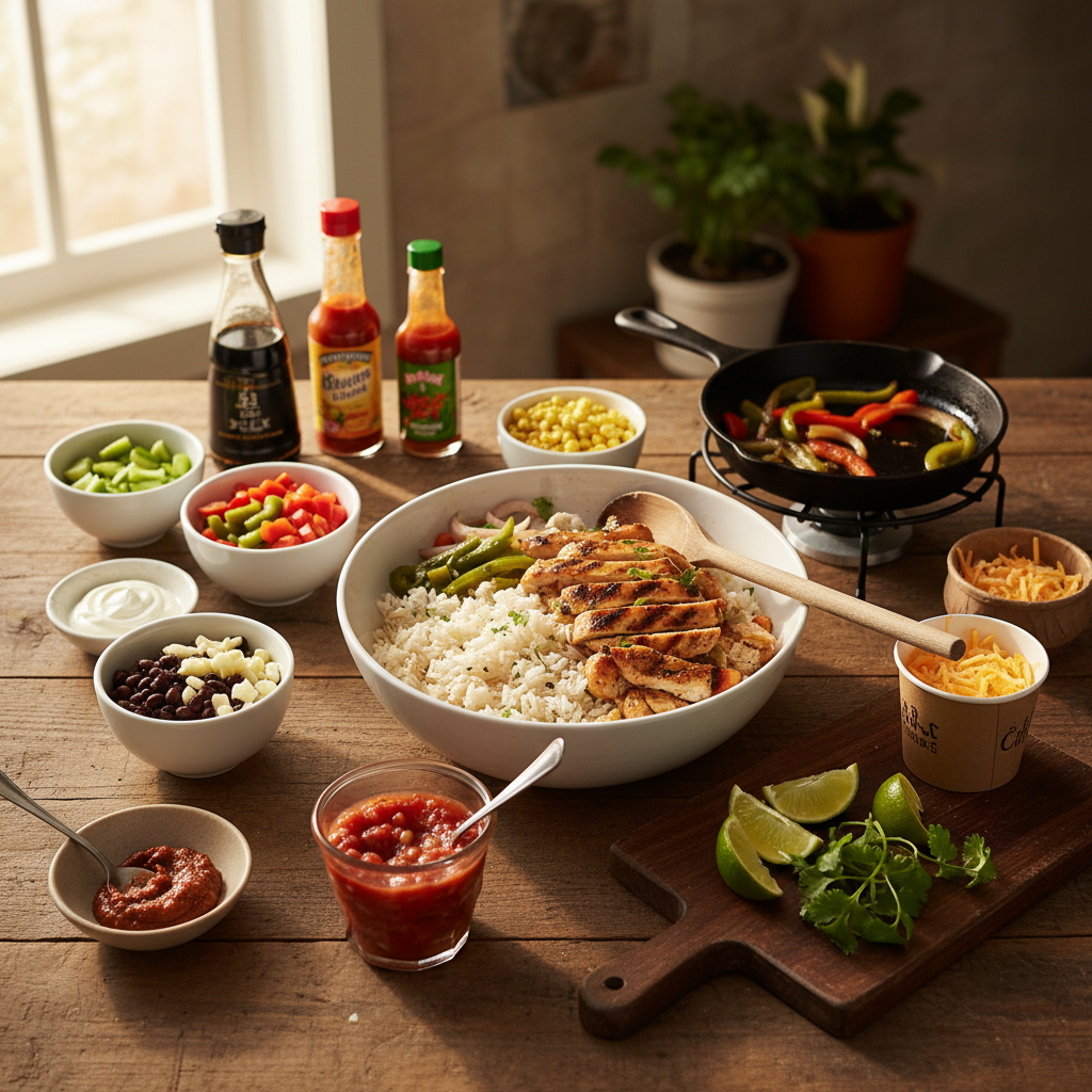 치킨 파히타 라이스볼 재료를 종이컵과 밥숟가락 기준으로 준비한 이미지