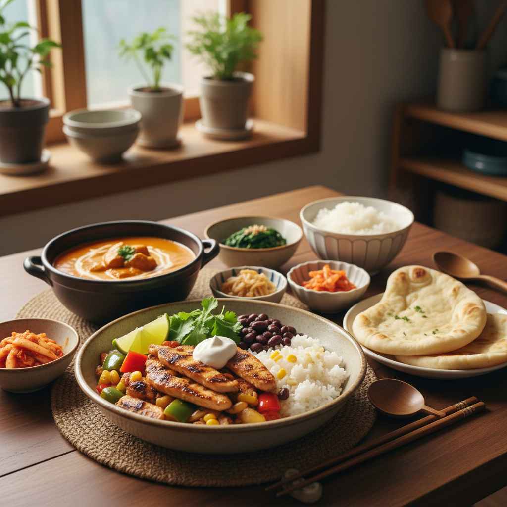 치킨 파히타 라이스볼 다음으로 곁들이기 좋은 음식과 함께 놓은 이미지