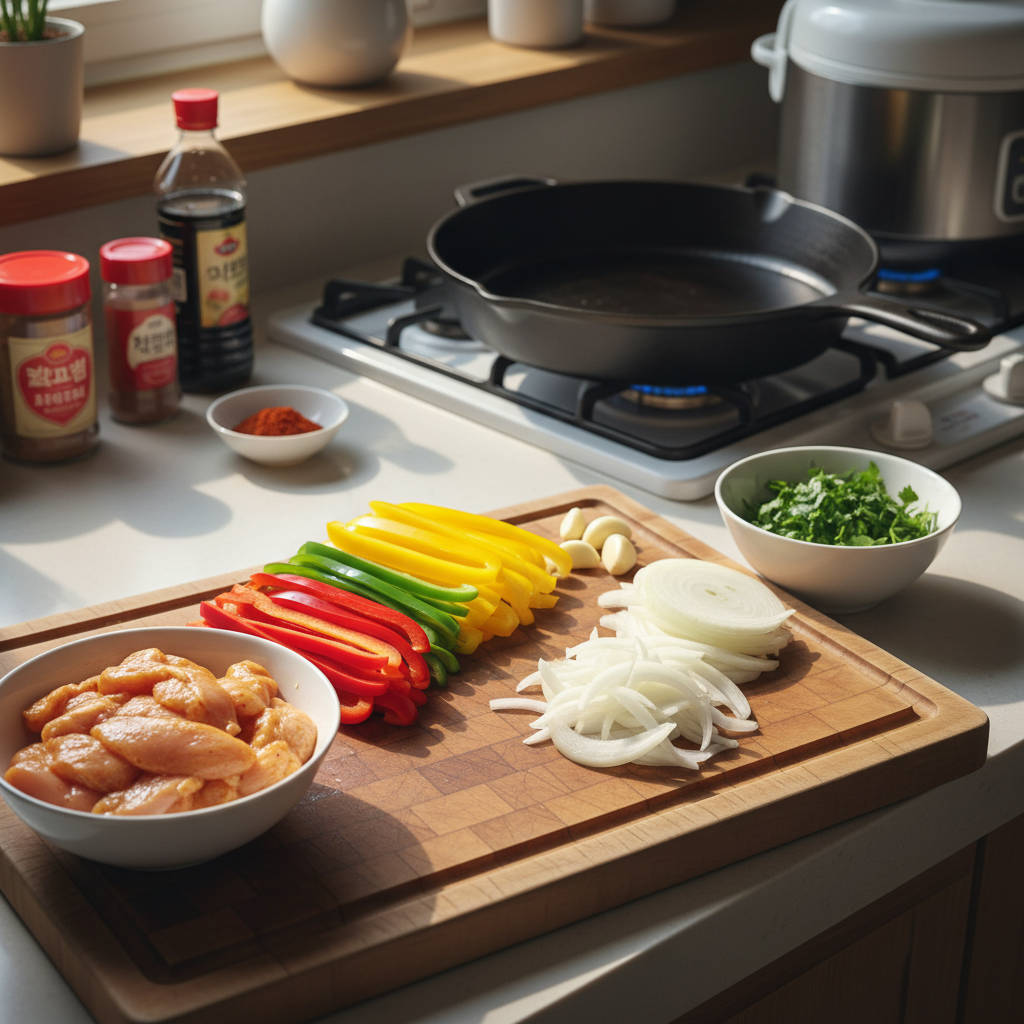 치킨 파히타 라이스볼 도마 위에 채소와 부재료를 정리한 이미지