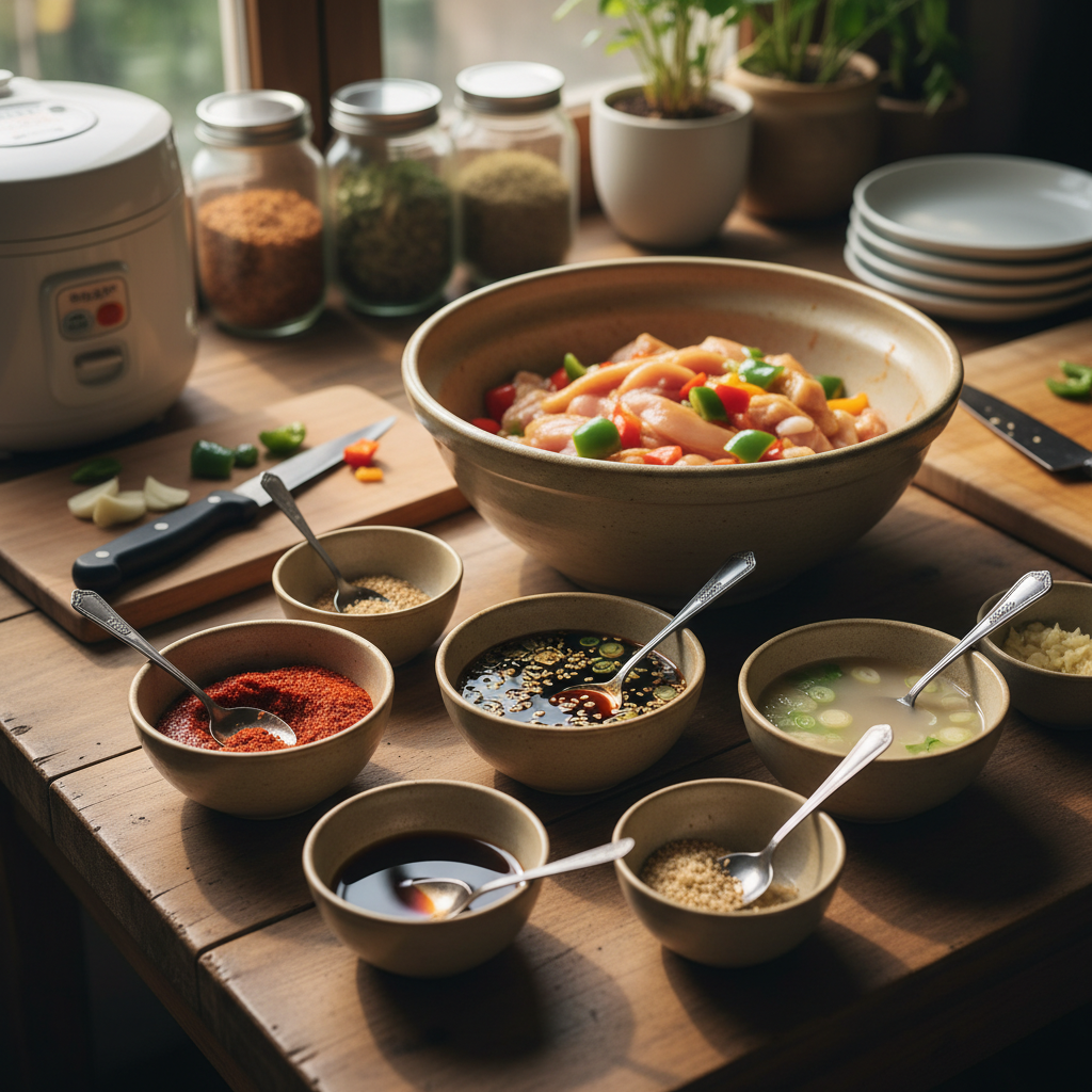 치킨 파히타 라이스볼 밥숟가락 기준 양념을 소분한 이미지