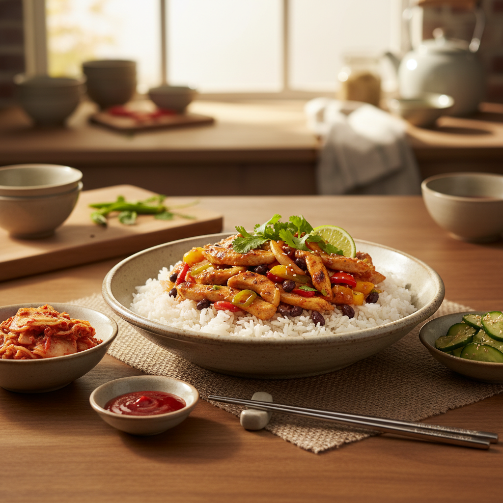 치킨 파히타 라이스볼 완성된 음식과 반찬을 함께 차린 이미지