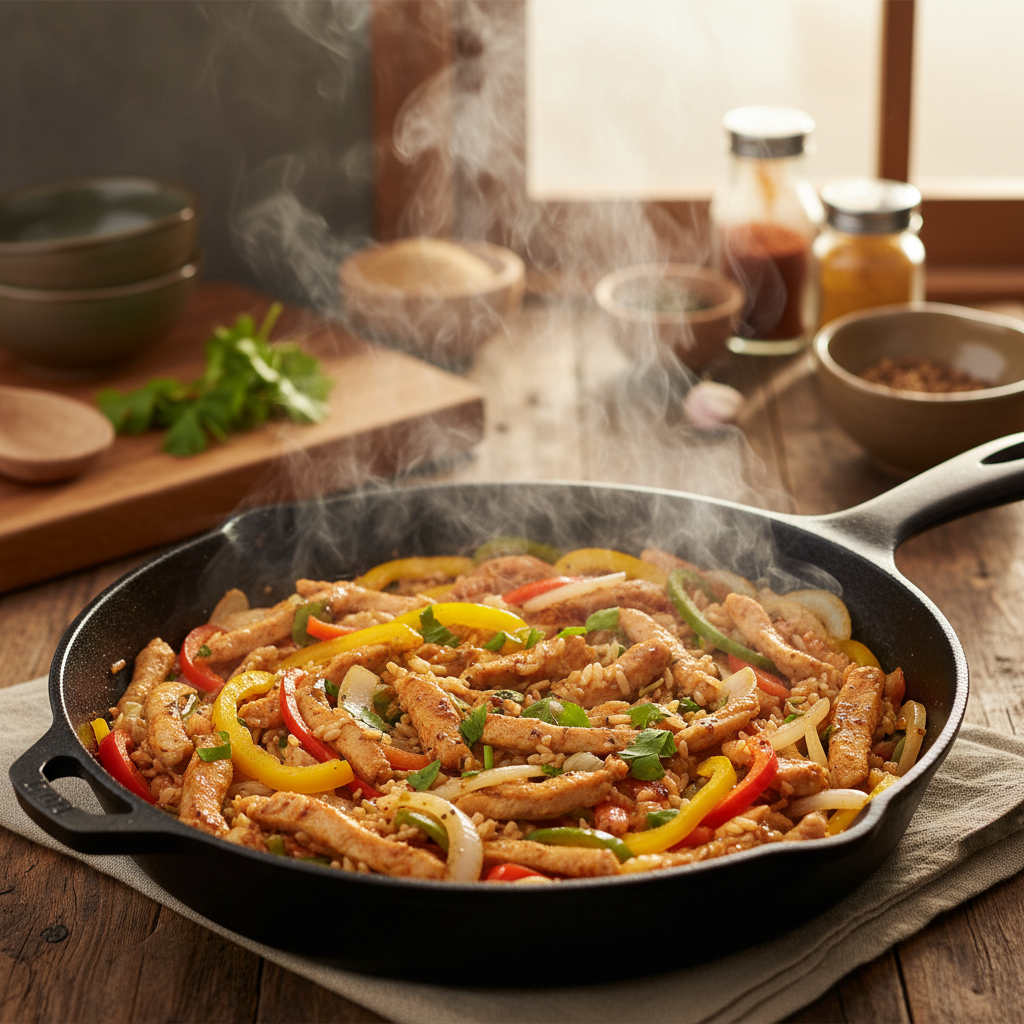 치킨 파히타 라이스볼 중간 불에서 익어가는 이미지