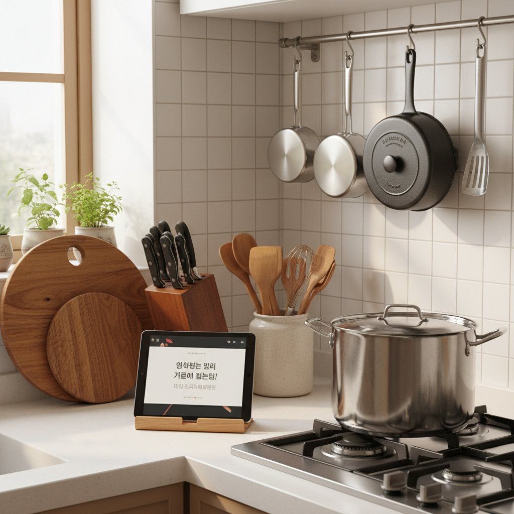 주방 조리대와 간편식 준비 도구가 정리된 이미지