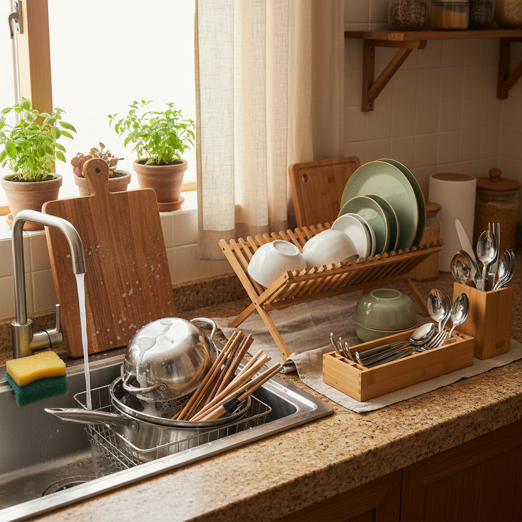 세척 후 다시 쓰기 쉬운 도구를 싱크 옆에 둔 이미지