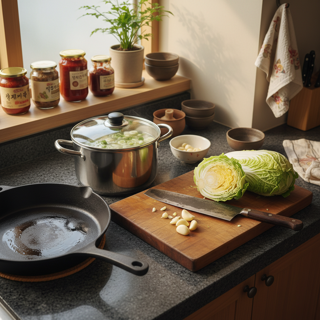 프라이팬과 냄비, 도마를 함께 둔 조리대 이미지