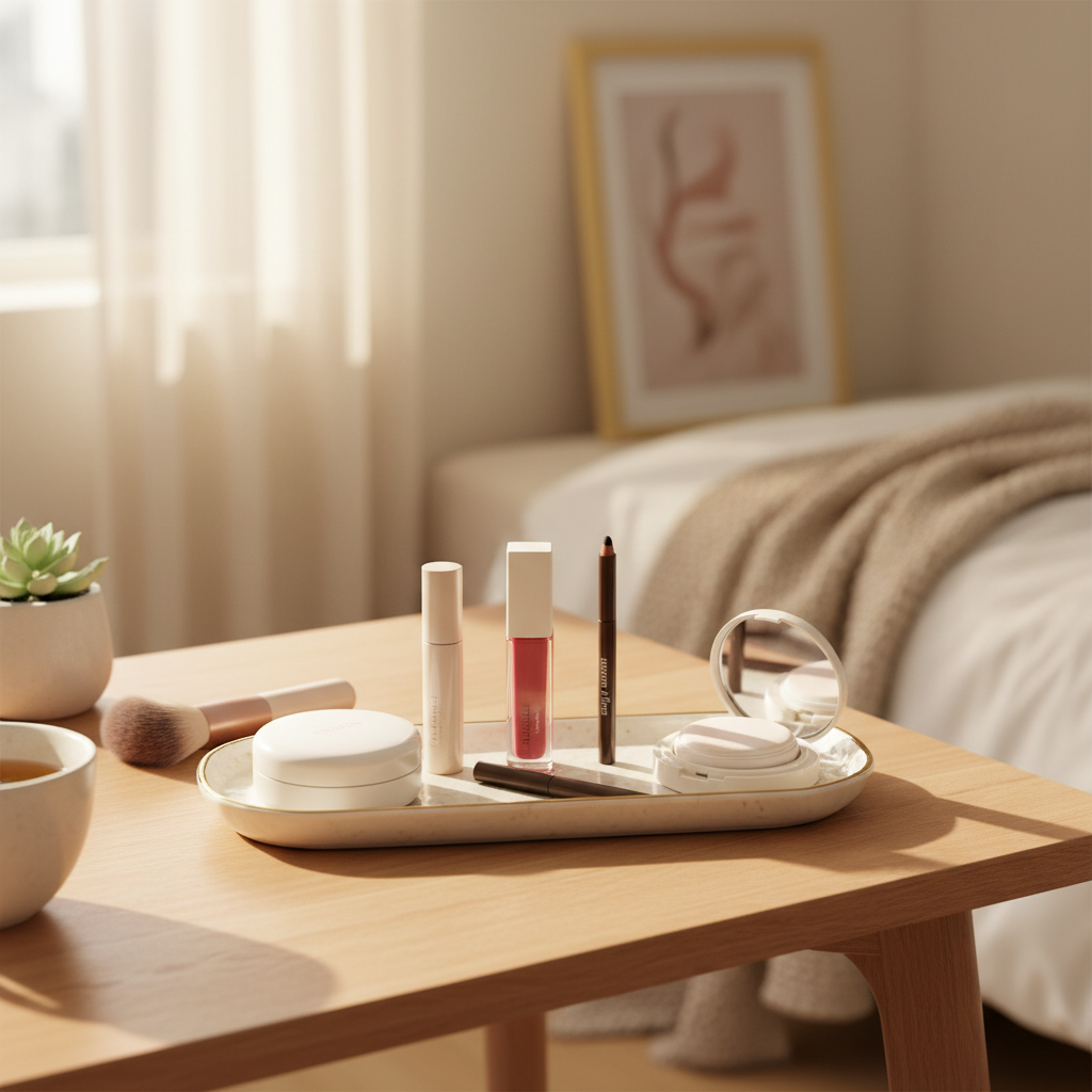 아침 메이크업 기본템을 차분하게 정리한 화장대 이미지