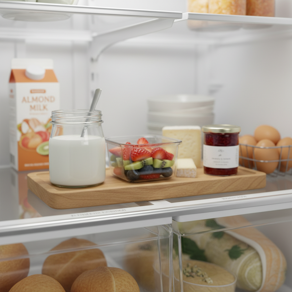 냉장고 앞줄 재료가 정리된 주방 이미지