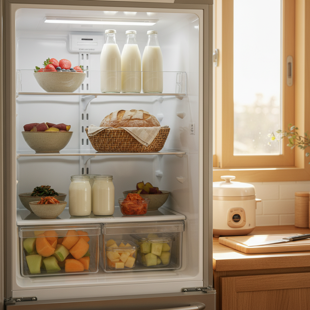 냉장고 앞 칸과 아침 식재료가 정돈된 주방 이미지